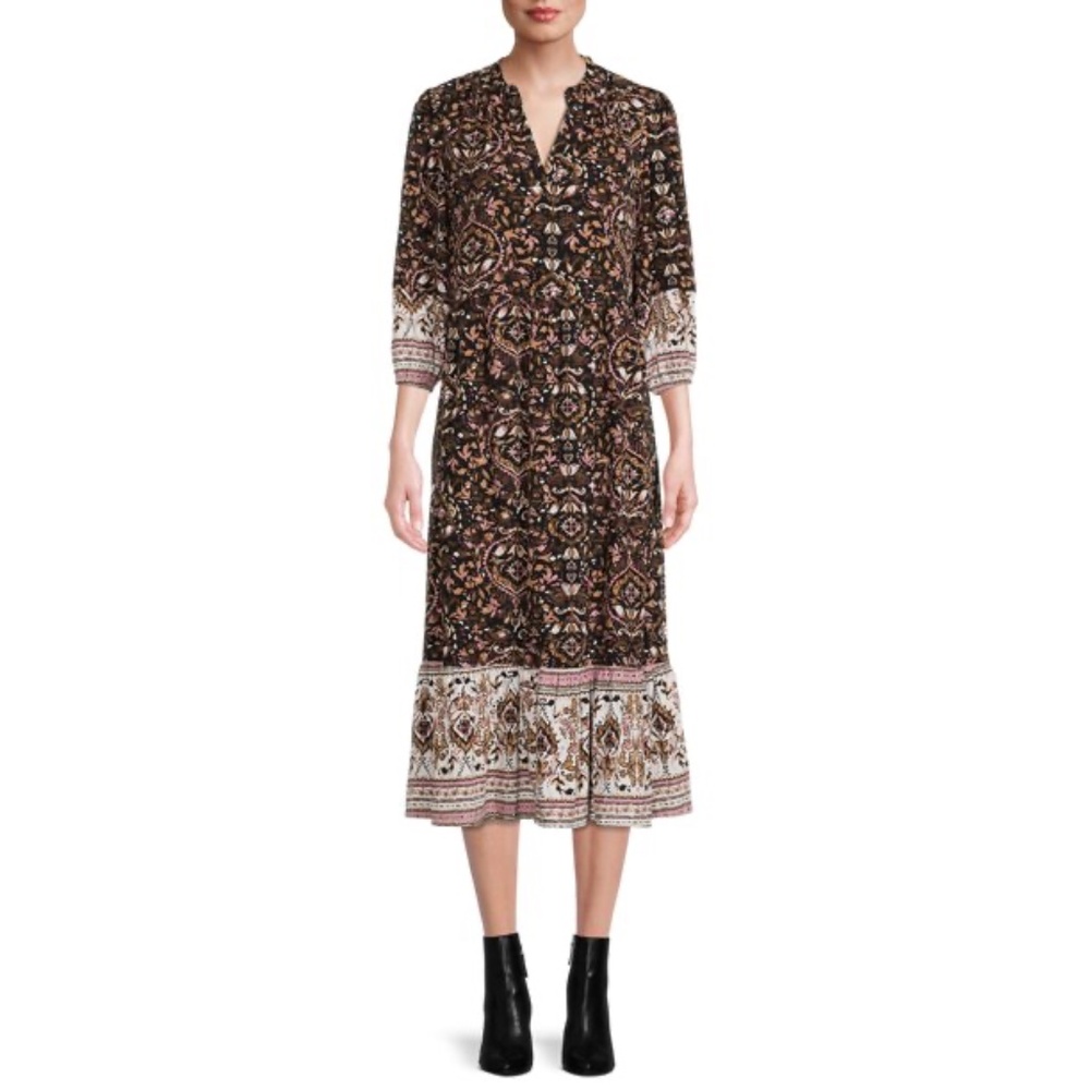 NWT Boho Mixed Black & Cream Floral Print Midi Dress